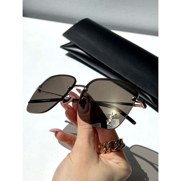 NEW Saint Laurent SL312M Gold Mirror Logo Square Sunglasses - Picture 3 of 8